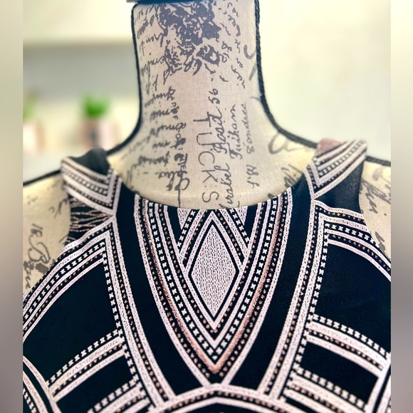 NWT - black, white, mauve glitter party dress. Double-lined, fitted, back zipper - Picture 2 of 4